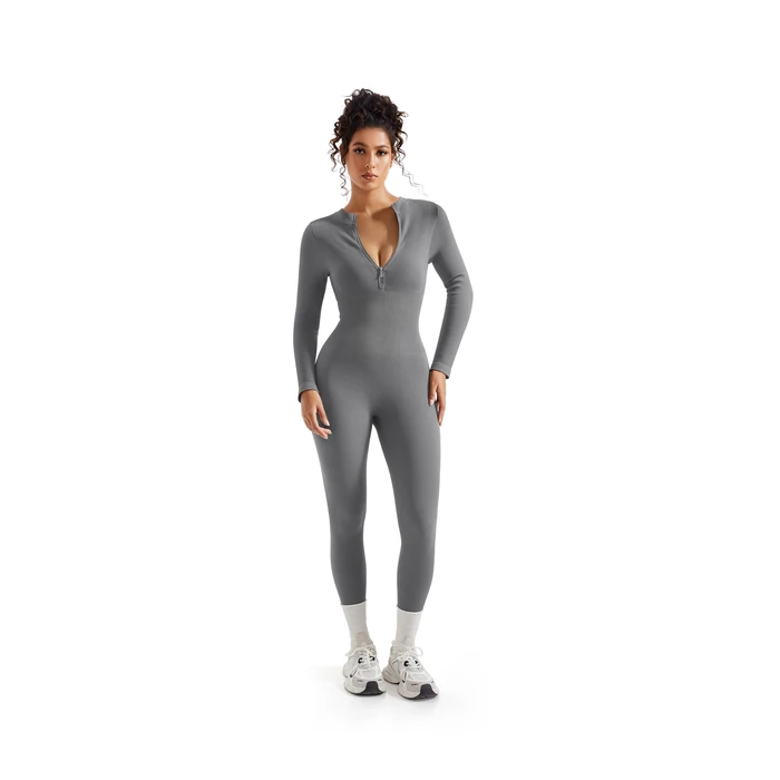 SUUKSESS Women Long Sleeve Ribbed Jumpsuit Sexy Zip up Front Workout One Piece Bodycon Jumpsuit Romper (Grey, S) by SUUKSESS - Image 2