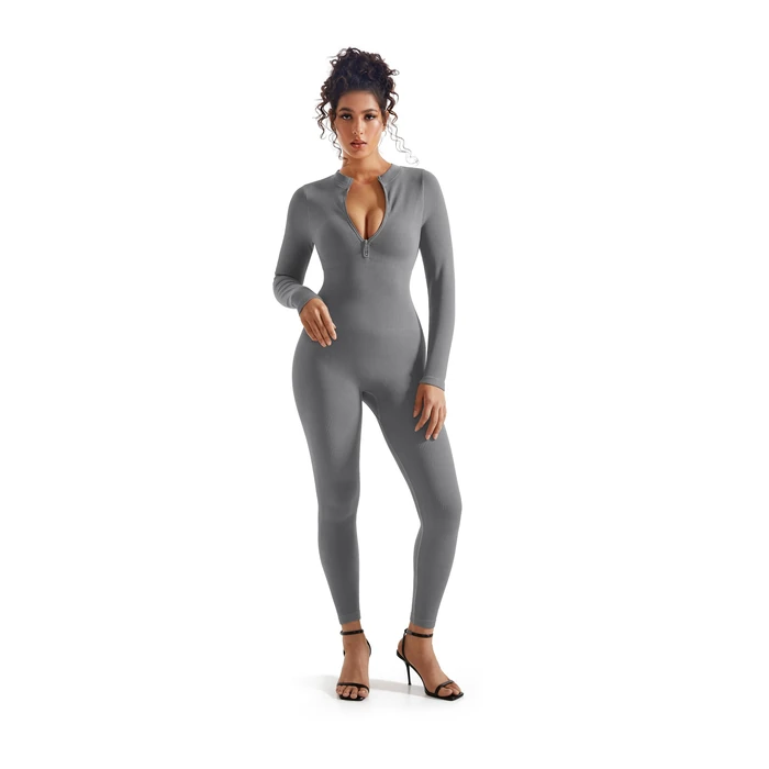 SUUKSESS Women Long Sleeve Ribbed Jumpsuit Sexy Zip up Front Workout One Piece Bodycon Jumpsuit Romper (Grey, S) by SUUKSESS - Image 3
