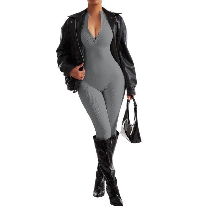 SUUKSESS Women Long Sleeve Ribbed Jumpsuit Sexy Zip up Front Workout One Piece Bodycon Jumpsuit Romper (Grey, S) by SUUKSESS - Image 4