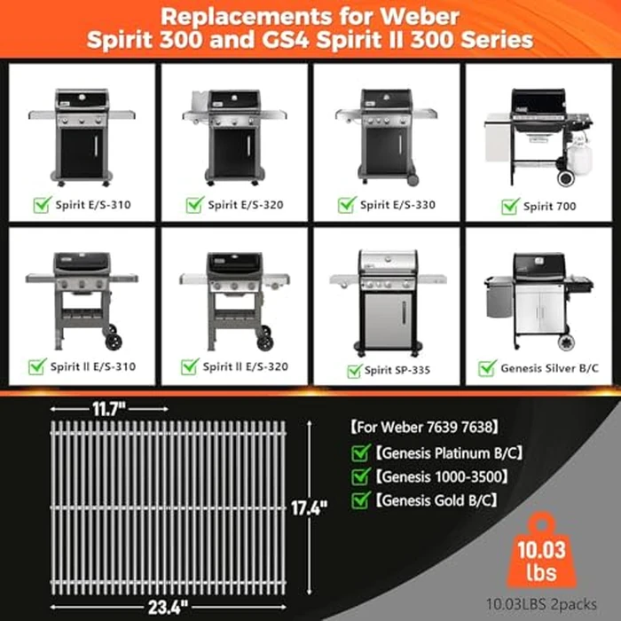 QuliMetal SUS304 Grill Grates for Weber Spirit E-310 and GS4 Spirit II 300 Series, Spirit 700, Genesis Silver B & C, Genesis Gold B & C, Genesis Platinum B & C, Genesis 1000-3500 by QuliMetal - Image 2