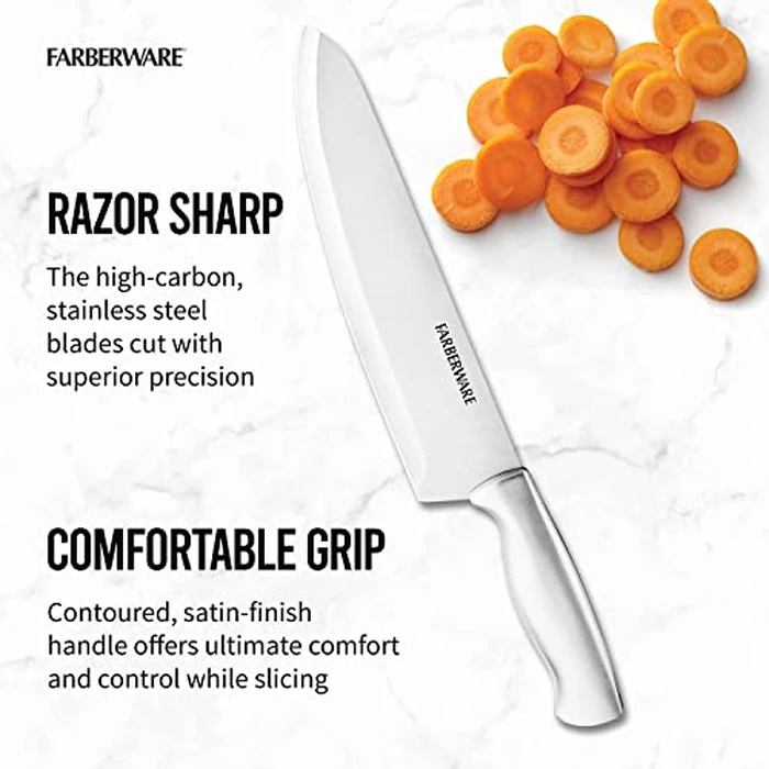 Farberware 15-Piece Kitchen Knife Set, High-Carbon Stainless Steel Blades with Wood Block, Steak Knives, Sharpening Tool & All-Purpose Shears, Razor Sharp, Ergonomic Stainless Steel Handles by Farberware - Image 3