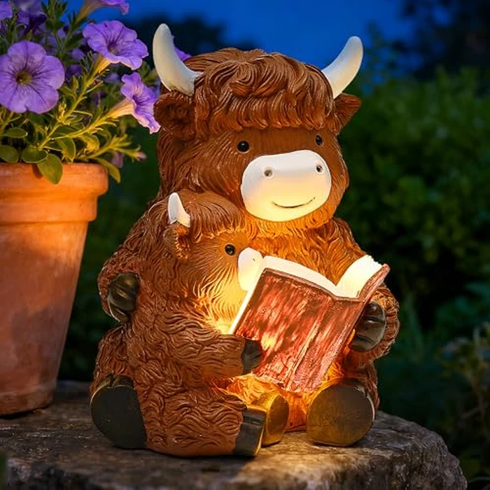 GIGALUMI Solar Highland Cow Decor 8" Garden Statue, Outdoor Decor, Decoration with Light for Patio Yard Lawn Balcony, Christmas/Birthday Gifts for Mom Women by GIGALUMI - Image 1