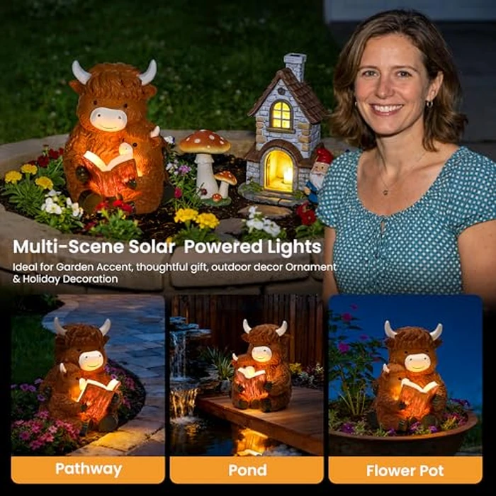 GIGALUMI Solar Highland Cow Decor 8" Garden Statue, Outdoor Decor, Decoration with Light for Patio Yard Lawn Balcony, Christmas/Birthday Gifts for Mom Women by GIGALUMI - Image 2