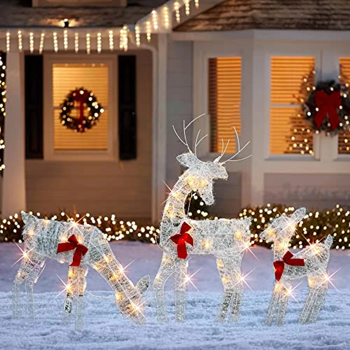 HOURLEEY Christmas Decoration Outdoor 60 Light Up Deer Family, 3-Piece Set 2D Waterproof Plug in Reindeer for Yard Patio Lawn Garden Party Decor 49 x 33 Inch-Large(Warm White) by Hourleey - Used - Very Good condition