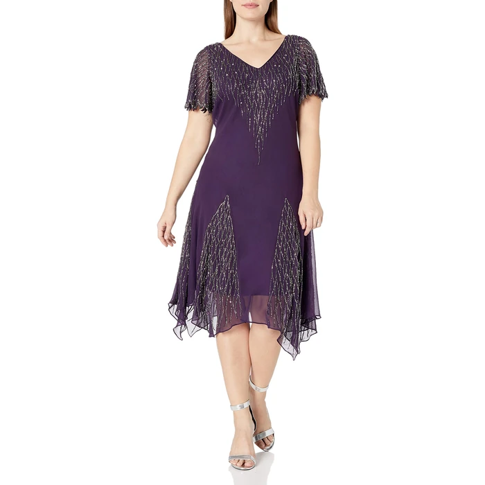 J Kara Women's Plus-Size Plus Size Short Beaded Dress Dress, Plum/Mercury, 16W by J Kara - Image 1