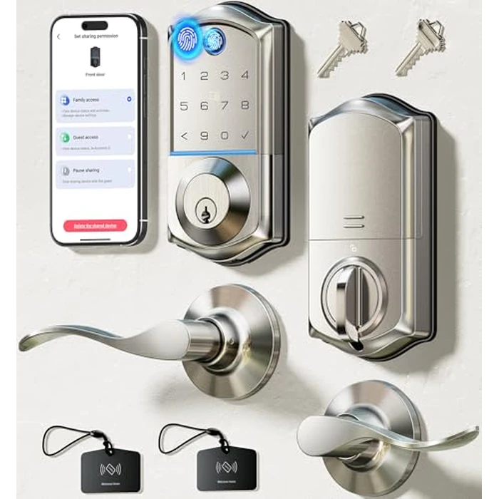 Veise VE017-L Fingerprint Smart Lock with Lever Handles, App Control, Keyless Entry Front Door Lock Set, Electronic Digital Keypad Deadbolt, Remote Grant, Emergency Power Port, Auto Lock, Satin Nickel by Veise - Used - Like New condition