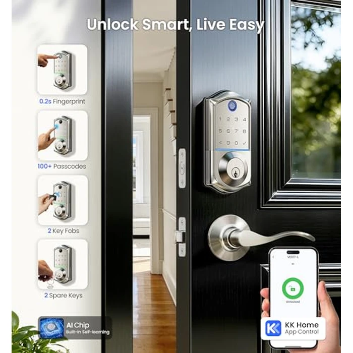 Veise VE017-L Fingerprint Smart Lock with Lever Handles, App Control, Keyless Entry Front Door Lock Set, Electronic Digital Keypad Deadbolt, Remote Grant, Emergency Power Port, Auto Lock, Satin Nickel by Veise - Image 2