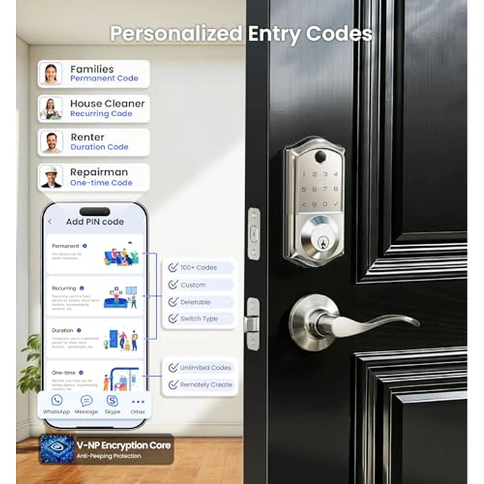 Veise VE017-L Fingerprint Smart Lock with Lever Handles, App Control, Keyless Entry Front Door Lock Set, Electronic Digital Keypad Deadbolt, Remote Grant, Emergency Power Port, Auto Lock, Satin Nickel by Veise - Image 3