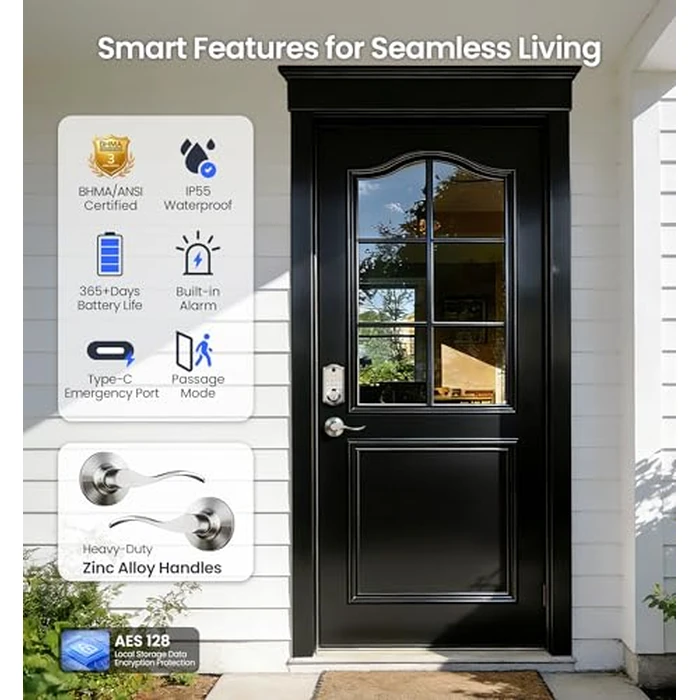 Veise VE017-L Fingerprint Smart Lock with Lever Handles, App Control, Keyless Entry Front Door Lock Set, Electronic Digital Keypad Deadbolt, Remote Grant, Emergency Power Port, Auto Lock, Satin Nickel by Veise - Image 5