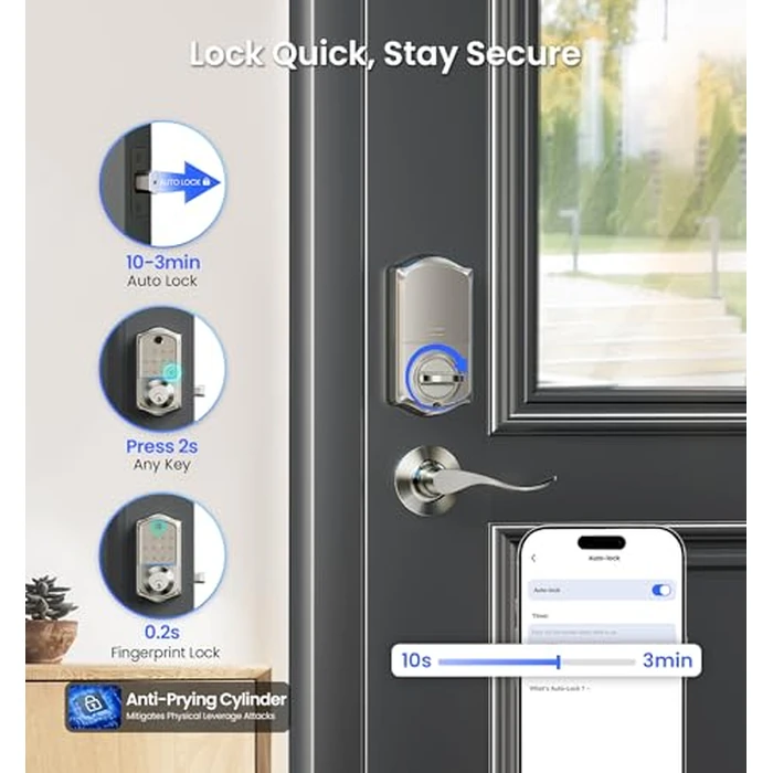 Veise VE017-L Fingerprint Smart Lock with Lever Handles, App Control, Keyless Entry Front Door Lock Set, Electronic Digital Keypad Deadbolt, Remote Grant, Emergency Power Port, Auto Lock, Satin Nickel by Veise - Image 7