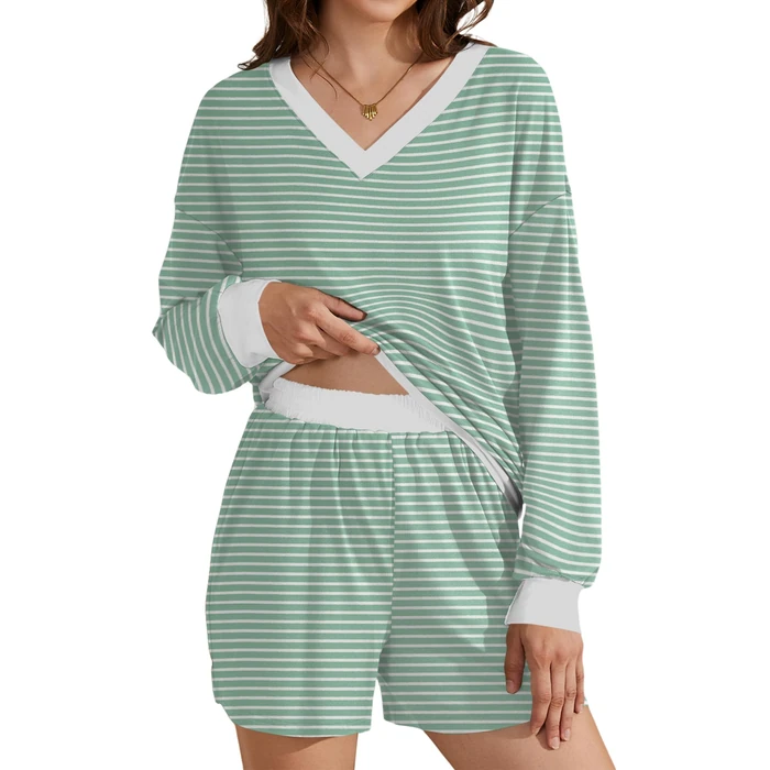 AKEWEI 2 Piece Outfits for Women Lounge Sets Striped Print Long Sleeve V Neck Pajama and Shorts Set 2025 Fall Sleepwear by AKEWEI - Image 10