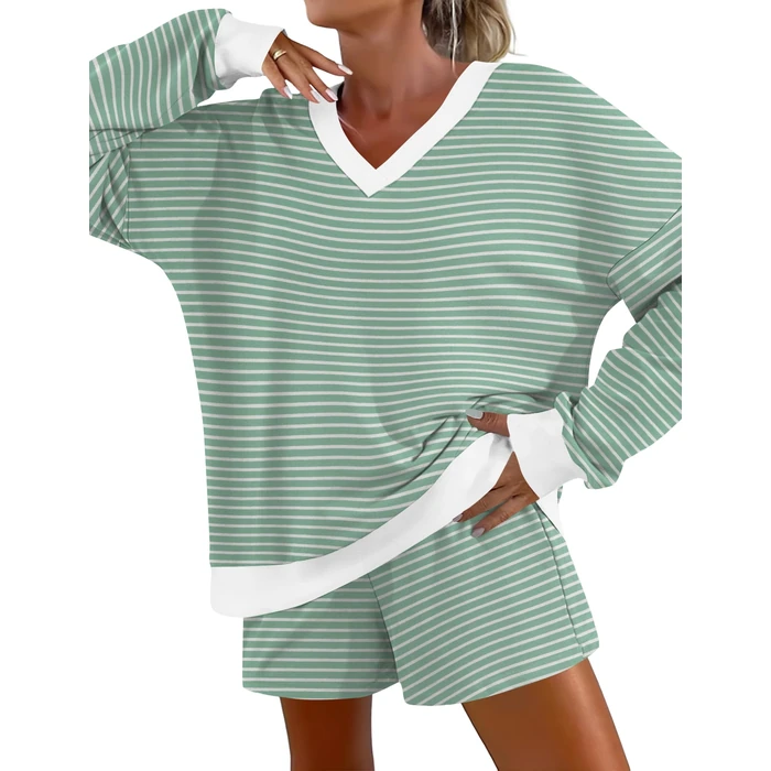 AKEWEI 2 Piece Outfits for Women Lounge Sets Striped Print Long Sleeve V Neck Pajama and Shorts Set 2025 Fall Sleepwear by AKEWEI - Image 1