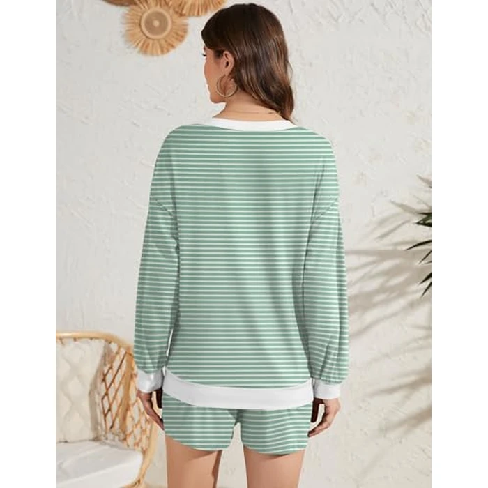 AKEWEI 2 Piece Outfits for Women Lounge Sets Striped Print Long Sleeve V Neck Pajama and Shorts Set 2025 Fall Sleepwear by AKEWEI - Image 8