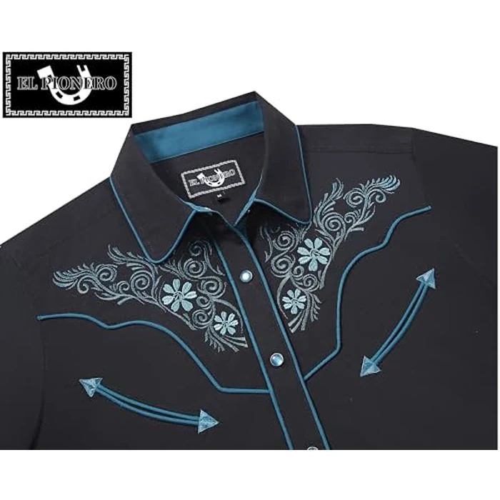 Embroidered Western Shirt 97% Cotton + 3% Spandex, Snap Front Contrast Piping & Heavy Buttons for Casual Riding S-3XL Black-Green by EL PIONERO - Used - Like New condition