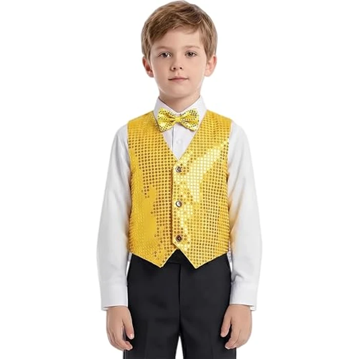 YEMYIQZ Kids Sequin Vest with Bowtie for Boy Girls Sparkly Shiny Vest Sleeveless V Neckline Disco Shirt Dance Party Costume (Yellow, M) by YEMYIQZ - Used - Like New condition - US$16.14