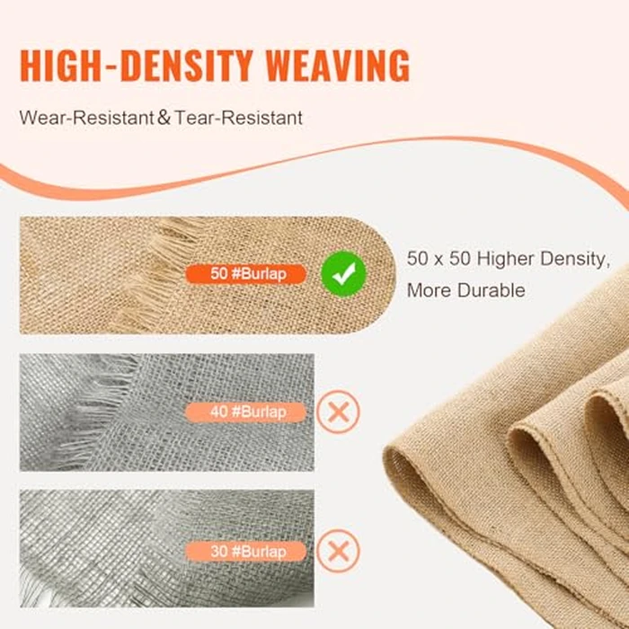 VEVOR Burlap Fabric Roll, 14” x 150 ft & 45 x 45 High Density Wide Natural Burlap Fabric Rolls, Jute Fabric Burlap Tree Wrap Roll, for Decor, Crafts, Wedding, Gardening, Plant & Tree Winter Covering by VEVOR - Image 3