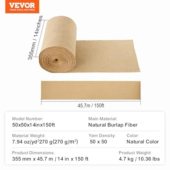 VEVOR Burlap Fabric Roll, 14” x 150 ft & 45 x 45 High Density Wide Natural Burlap Fabric Rolls, Jute Fabric Burlap Tree Wrap Roll, for Decor, Crafts, Wedding, Gardening, Plant & Tree Winter Covering by VEVOR - Image 7