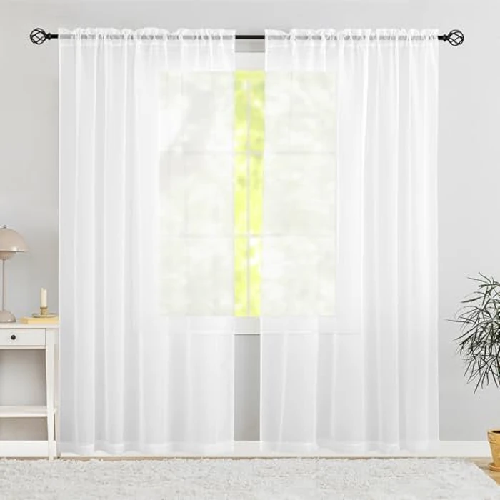 Karseteli Semi Voile White Sheer Curtains 63 Inches Long 2 Panels Rod Pocket Window Treatment for Living Room Bedroom Dining Room(White 70" W x 63" L) by Karseteli - Used - Very Good condition - US$12.45