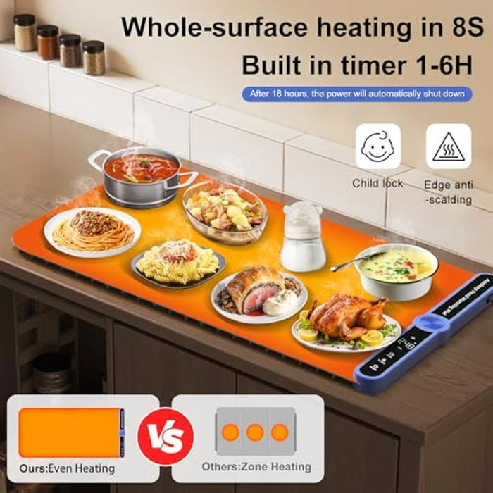Silicone Food Warmers for Parties Buffet XL:32''X15'' Extra Large Warming Mat for Food 450W Max 248 degreesF Portable Rolled-up Even Heating in 8S 9-Level Temp Auto Power Off-Beige by Aordeep - Image 4