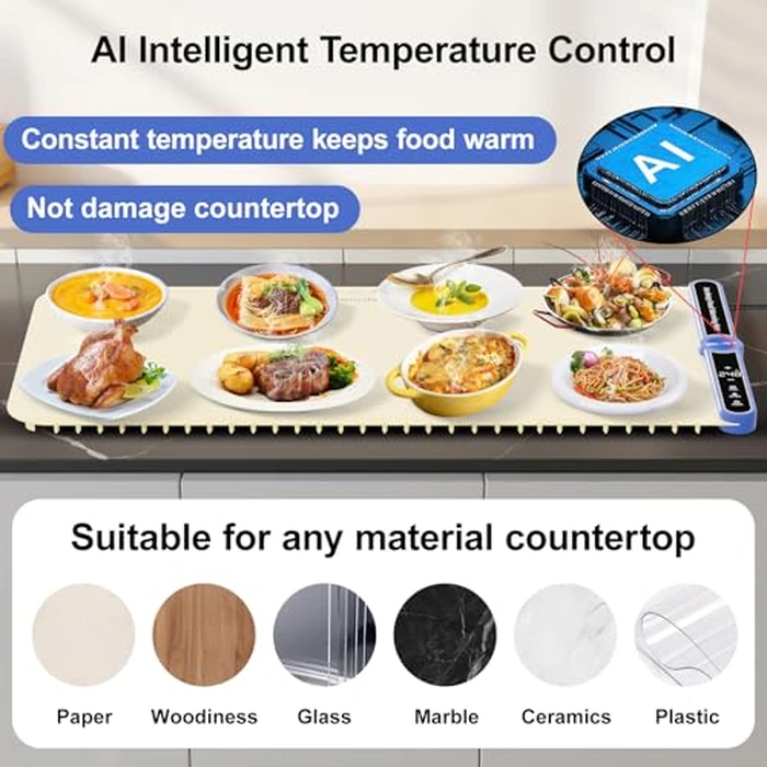 Silicone Food Warmers for Parties Buffet XL:32''X15'' Extra Large Warming Mat for Food 450W Max 248 degreesF Portable Rolled-up Even Heating in 8S 9-Level Temp Auto Power Off-Beige by Aordeep - Image 5