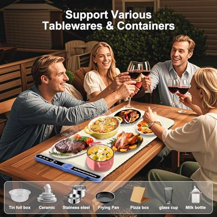 Silicone Food Warmers for Parties Buffet XL:32''X15'' Extra Large Warming Mat for Food 450W Max 248 degreesF Portable Rolled-up Even Heating in 8S 9-Level Temp Auto Power Off-Beige by Aordeep - Image 6