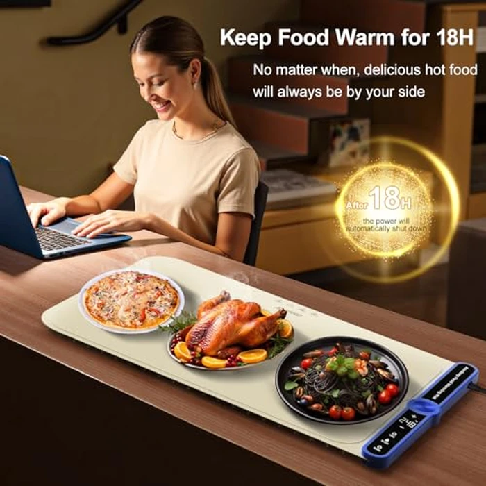 Silicone Food Warmers for Parties Buffet XL:32''X15'' Extra Large Warming Mat for Food 450W Max 248 degreesF Portable Rolled-up Even Heating in 8S 9-Level Temp Auto Power Off-Beige by Aordeep - Image 7