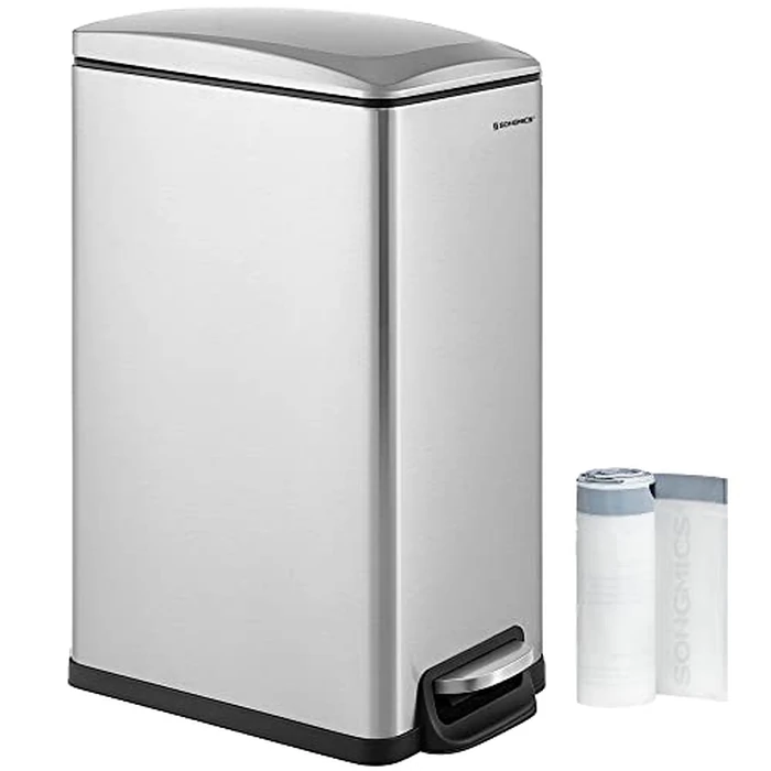 SONGMICS Slim Trash Can, 13-Gallon (50 L) Garbage Can for Narrow Spaces with Soft-Close Lid, Inner Bucket, and Step-on Pedal, Stainless Steel, 15 Trash Bags Included, Silver ULTB510E48 by SONGMICS - Used - Very Good condition - US$70.37