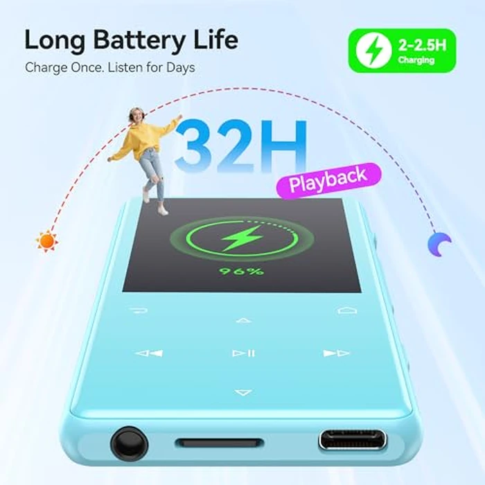 AGPTEK 128GB MP3 Player with Bluetooth 5.4, M6 2.4 inch Music Player with One-Click Recording, Built in Speaker and FM Radio, Touch Buttons(Blue) by AGPTEK - Image 8