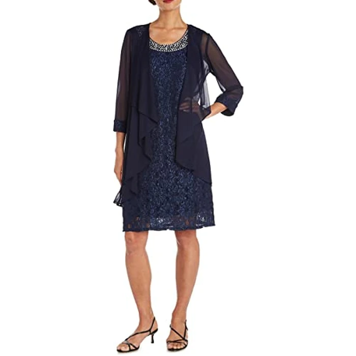 R&M Richards Women's Flyaway Chiffon Jacket & Shift Lace Glitter Dress W/Beaded Neckline - Knee-Length Evening Outfit by R&M Richards - Used - Like New condition - US$11.85
