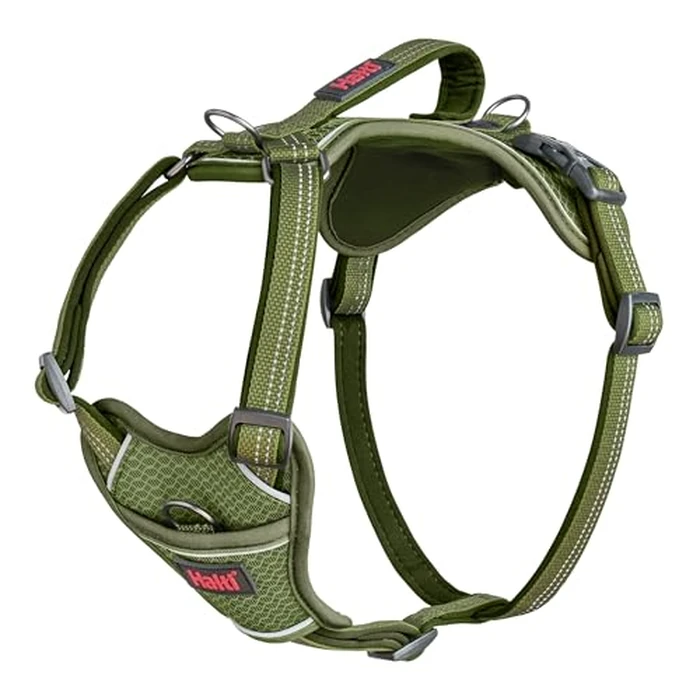 Halti Anatomy Dog Harness with Handle - Padded, Adjustable & Reflective No Pull Dog Harness, 3 Leash Attachment Points Including Front Clip, Suitable for Medium Dogs (Size M, Green) by Coachi - Used - Good condition