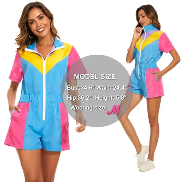 Yisfri Womens 80s 90s One Piece Outfit Vintage Zip Front Neon Rompers Windbreaker Jumpsuit Theme Party Track Suit (Orange, S) by Yisfri - Used - Like New condition - US$28.74