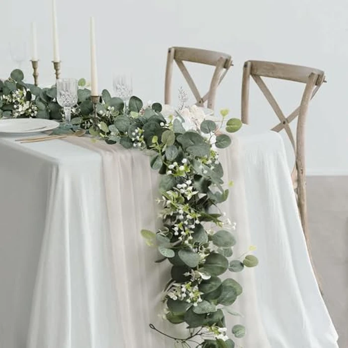 SOMYTING Artificial Eucalyptus Garland, 2 Packs 5.9Ft Faux Greenery Vines with White Babys Breath Flowers Gypsophila Fake Silver Dollar Eucalyptus Leaves Vines for Wedding Party Mantle Table Decor by SOMYTING - Image 1