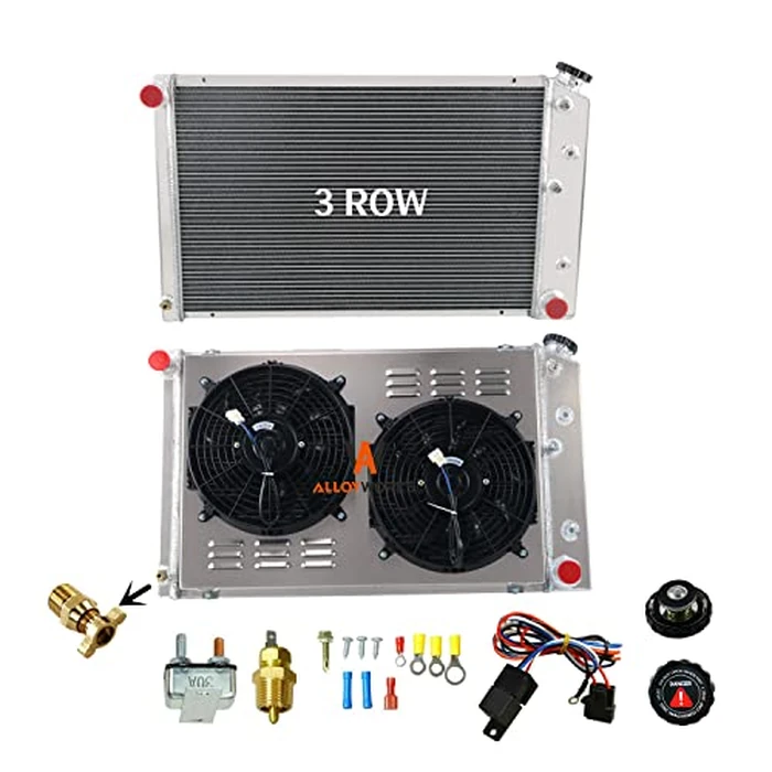 ALLOYWORKS 3 Row Full Aluminum Radiator + 2X12" Fans Shroud + Relay For 1977-1987 Chevy Nova C/K/G/P 10 20 30 40, Buick Century Skylark1977-1980 GMC C/K/G 15 25 35 1500 2500 3500 Suburban Radiators by AW ALLOYWORKS - Image 1
