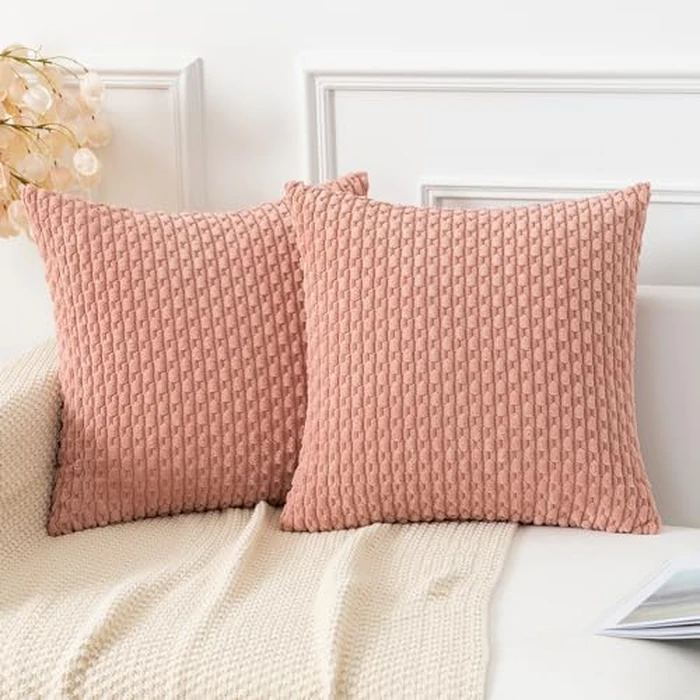 Kevin Textile Throw Pillow Covers Soft Corduroy Decorative Set of 2 Boho Striped Pillow Covers Valentines Day Pillowcases Farmhouse Home Decor for Couch Bed Sofa Living Room 22x22 Inch Baby Pink by K KEVIN TEXTILE - Used - Like New condition