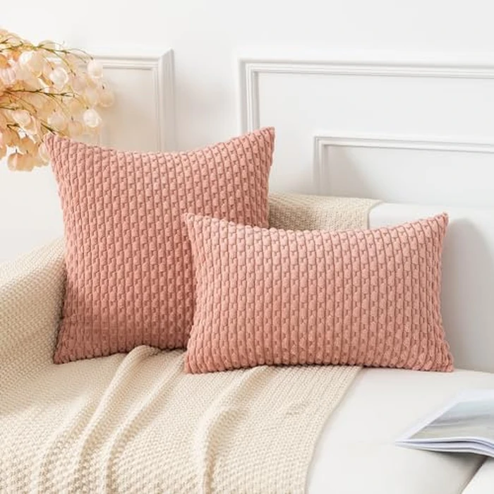 Kevin Textile Throw Pillow Covers Soft Corduroy Decorative Set of 2 Boho Striped Pillow Covers Valentines Day Pillowcases Farmhouse Home Decor for Couch Bed Sofa Living Room 22x22 Inch Baby Pink by K KEVIN TEXTILE - Image 5