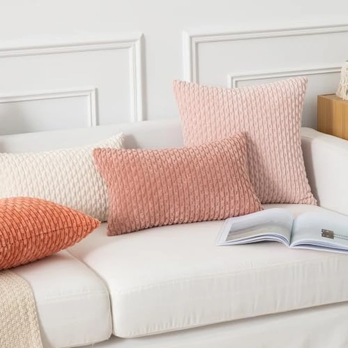 Kevin Textile Throw Pillow Covers Soft Corduroy Decorative Set of 2 Boho Striped Pillow Covers Valentines Day Pillowcases Farmhouse Home Decor for Couch Bed Sofa Living Room 22x22 Inch Baby Pink by K KEVIN TEXTILE - Image 7