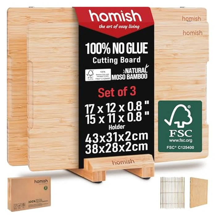 Bamboo Cutting Boards Set with Stand - 3 Piece Charcuterie Board & Butcher Block with Handle, Truly Glue Free, Non Toxic Wood Chopping Serving Boards for Kitchen Gift Set by Homish by homish - Used - Acceptable condition