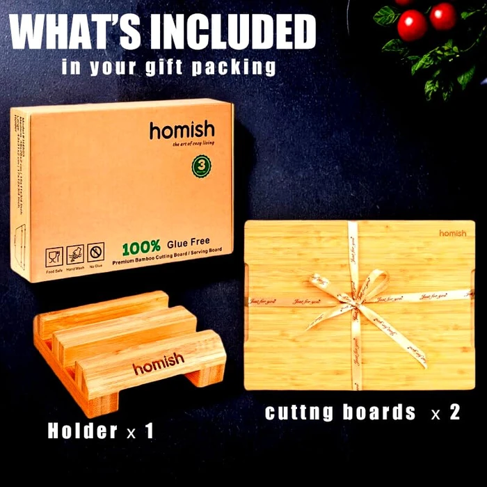 Bamboo Cutting Boards Set with Stand - 3 Piece Charcuterie Board & Butcher Block with Handle, Truly Glue Free, Non Toxic Wood Chopping Serving Boards for Kitchen Gift Set by Homish by homish - Image 2