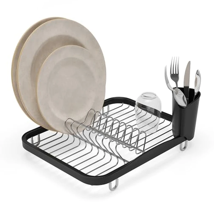 Umbra Sinkin Dish Drying Rack - Drainer Caddy with Removable Cutlery Holder - Use in Sink or On Counter, Standard, Black/Nickel by Umbra - Used - Acceptable condition - CA$14.42