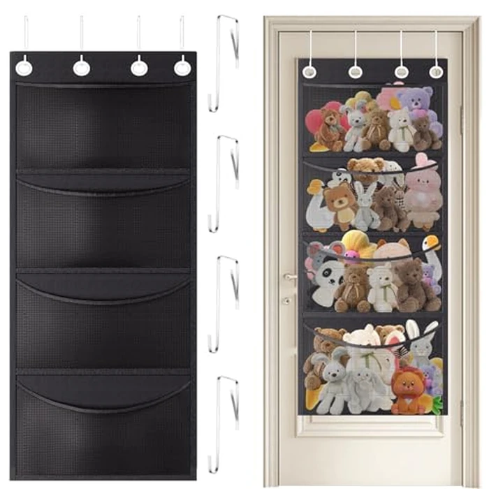 Stuffed Animal Storage with 4 Large Pockets, Cookmaster Over The Door Organizer Storage, Hanging Door Organizer for Nursery, Bedroom, Bathroom, Kids Room (Black) by Cookmaster - Image 1