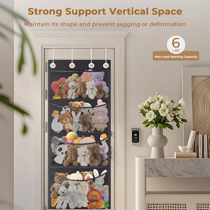 Stuffed Animal Storage with 4 Large Pockets, Cookmaster Over The Door Organizer Storage, Hanging Door Organizer for Nursery, Bedroom, Bathroom, Kids Room (Black) by Cookmaster - Image 2