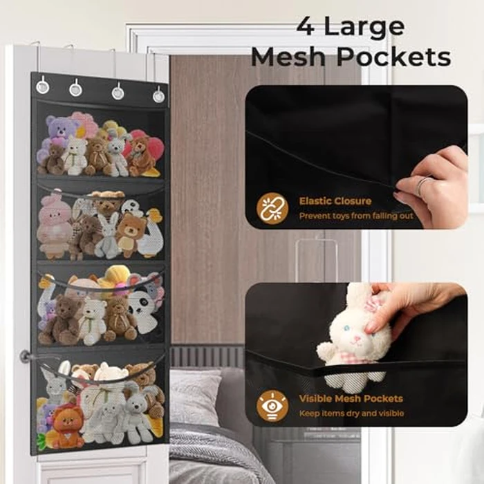 Stuffed Animal Storage with 4 Large Pockets, Cookmaster Over The Door Organizer Storage, Hanging Door Organizer for Nursery, Bedroom, Bathroom, Kids Room (Black) by Cookmaster - Image 4