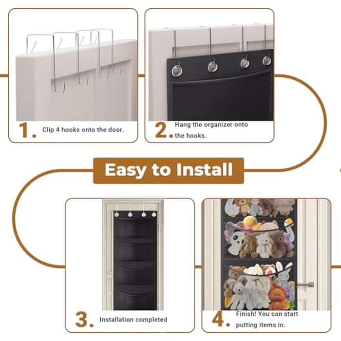 Stuffed Animal Storage with 4 Large Pockets, Cookmaster Over The Door Organizer Storage, Hanging Door Organizer for Nursery, Bedroom, Bathroom, Kids Room (Black) by Cookmaster - Image 6
