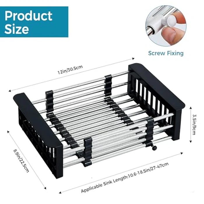 COVRA Over Sink Dish Drying Rack, Stainless Steel Drainer for 11"-19" Sinks, Kitchen Countertop Organizer for Dishes, Vegetables, and Fruits (Black) by COVRA - Image 2