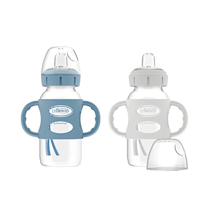 Dr. Brown’s Milestones Wide-Neck Transitional Sippy Bottle with Silicone Handles 9oz 270mL 6m+ Light Blue and Gray 2-Pack by Dr. Brown's - Image 1