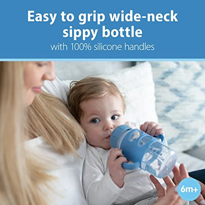 Dr. Brown’s Milestones Wide-Neck Transitional Sippy Bottle with Silicone Handles 9oz 270mL 6m+ Light Blue and Gray 2-Pack by Dr. Brown's - Image 2