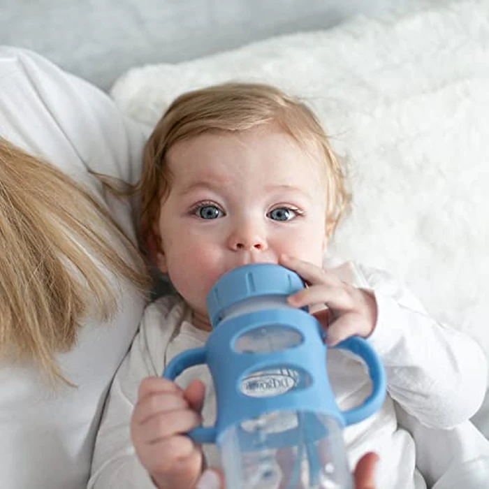 Dr. Brown’s Milestones Wide-Neck Transitional Sippy Bottle with Silicone Handles 9oz 270mL 6m+ Light Blue and Gray 2-Pack by Dr. Brown's - Image 7