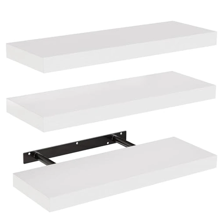 AMADA HOMEFURNISHING Floating Shelves, Wall Shelves for Bathroom/Living Room/Bedroom/Kitchen Decor, White Shelves with Invisible Brackets Set of 3 - AMFS08 by AMADA HOMEFURNISHING - Image 1