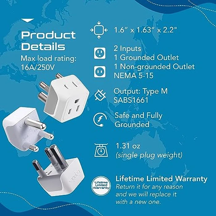 Ceptics South Africa, Namibia Travel Adapter Plug with Dual Usa Input - Type M - Ultra Compact - Safe Grounded Perfect for Cell Phones, Laptops, Camera Chargers and More 3 Pack (CT-10L) by Ceptics - Image 4