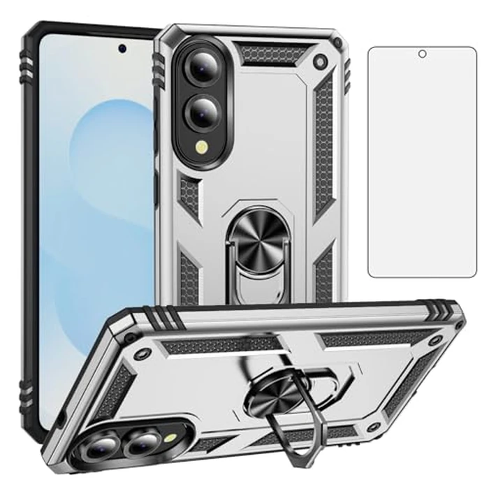 Asuwish Phone Case for Samsung Galaxy S25 Edge with Tempered Glass Screen Protector Ring Holder Stand Kickstand Heavy Duty Shockproof Cell Accessories Cover S25Edge 25S S 25 25Edge Women Men Silver by Asuwish - Used - Acceptable condition - CA$10.55